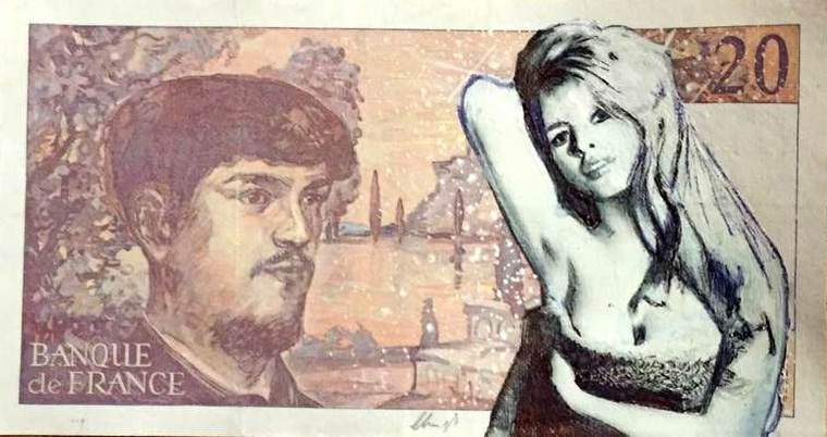 Brigitte Bardot Original mixed media on real french bank note - Chris Boyle