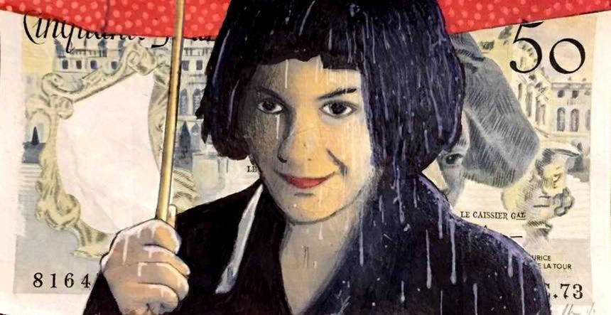 Amelie aime la pluie Original mixed media on real French bank note - Chris Boyle Amelie aime la pluie Original mixed media on real French bank note - Chris Boyle