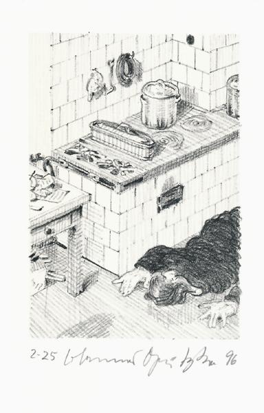 ZUSAMMENBRUCH AM HERD Der Frauentunnel 11 Lithografie Johannes Grützke Holzschnitt Radierung Schabradierung Offsetdruckt Druckgrafik Kaltnadelradierung