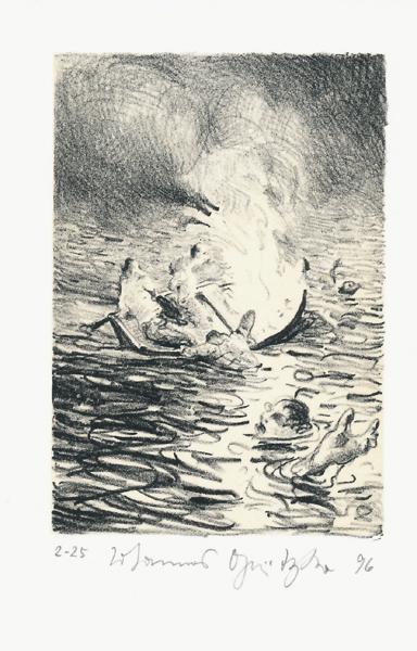 ÜBERSCHWEMMUNG MIT BRENNENDEM KAHN Der Frauentunnel 3 Lithografie Johannes Grützke Holzschnitt Radierung Schabradierung Offsetdruckt Druckgrafik Kaltnadelradierung