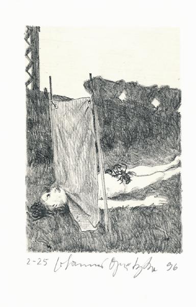 KOPF BLICKT IN DIE STERNE, AUF DEM BAUCH KÄMPFEN WURM UND KÄFER Der Frauentunnel 9 Lithografie Johannes Grützke Holzschnitt Radierung Schabradierung Offsetdruckt Druckgrafik Kaltnadelradierung