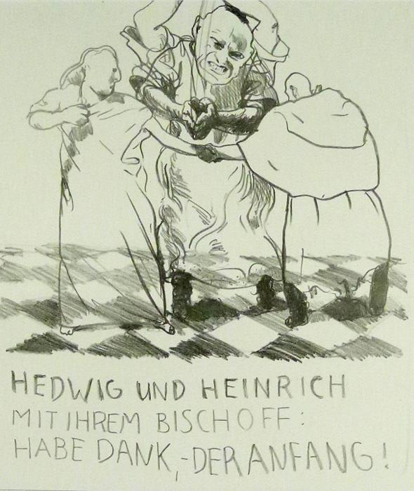 FLEISCHLICHE TRENNUNG DURCH BISCHOF (Blatt II zu:Hedwig) Hedwig Kathedrale des Künstlers Lithografie Johannes Grützke Holzschnitt Radierung Schabradierung Offsetdruckt Druckgrafik Kaltnadelradierung