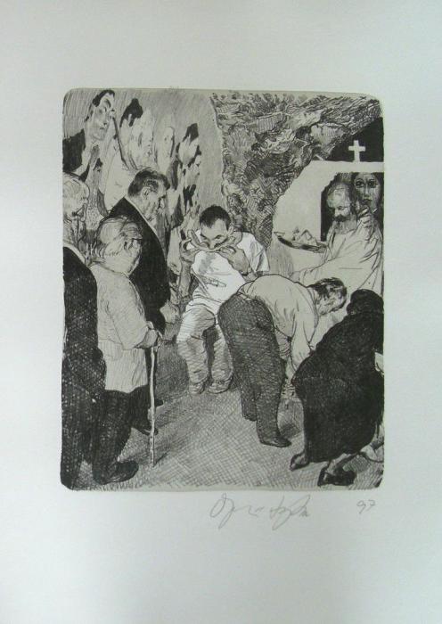 DIE KATHEDRALE DES KÜNSTLERS (der Künstler ißt das, was die Leute des Ortes ihm gebracht haben und was ihr Priester gesegnet hat) Kathedrale des Künstlers 3 Lithografie Johannes Grützke Holzschnitt Radierung Schabradierung Offsetdruckt Druckgrafik Kaltnadelradierung