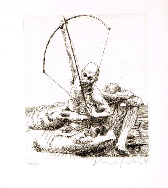 DEN PFEIL DER SEHNSUCHT BEI GESCHLOSSENEN AUGEN ABSCHIESSEN Pfeil der Sehnsucht Lithografie Johannes Grützke Holzschnitt Radierung Schabradierung Offsetdruckt Druckgrafik Kaltnadelradierung