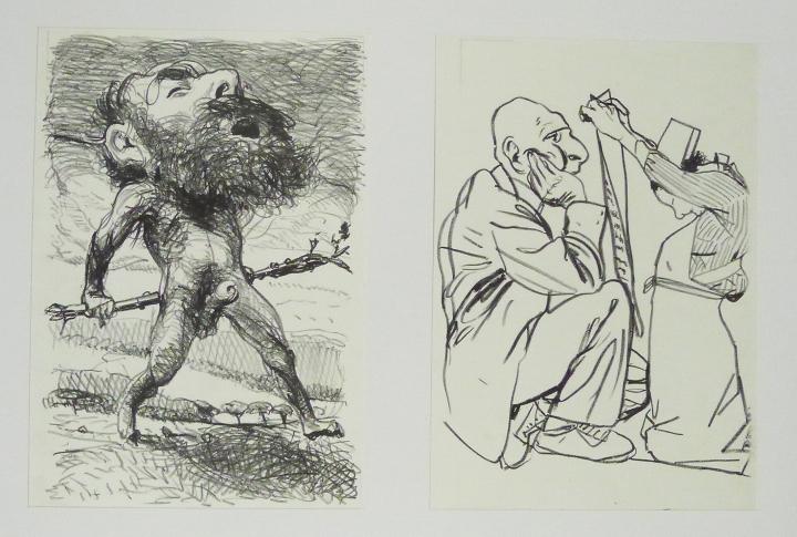 RÜBEZAHL (links) & DER BRIEF VON IHRER FRAU, HERR PASTOR; ODER DER BERICHT DER AKADEMIE (rechts) Steinzeichnungen 1 Kathedrale des Künstlers Lithografie Johannes Grützke Holzschnitt Radierung Schabradierung Offsetdruckt Druckgrafik Kaltnadelradierung