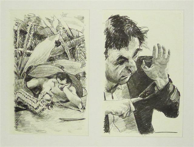 HOFFNUNG UND ZIEL UNTER DEM DACH DES WEGERICH (links) & WAS MAG IN MEINEM ÄRMEL SEN?/EINE SCHILDKRÖTE?DIE IST MIR SCHON LANGE BEKANNT (rechts) Steinzeichnungen 10 Lithografie Johannes Grützke Holzschnitt Radierung Schabradierung Offsetdruckt Druckgrafik Kaltnadelradierung