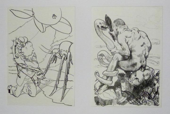ICH MÖCHTE MICH HEUTE NICHT ENTSCHEIDEN (links) & ÄSOP (rechts) Steinzeichnungen 12 Lithografie Johannes Grützke Holzschnitt Radierung Schabradierung Offsetdruckt Druckgrafik Kaltnadelradierung