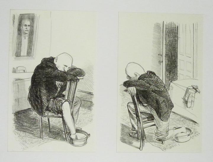 WARUM IST DER RECHTE FUSS ERKRANKT (links) & WARUM IST DER LINKE FUSS ERKRANKT (rechts) Steinzeichnungen 4 Kathedrale des Künstlers Lithografie Johannes Grützke Holzschnitt Radierung Schabradierung Offsetdruckt Druckgrafik Kaltnadelradierung