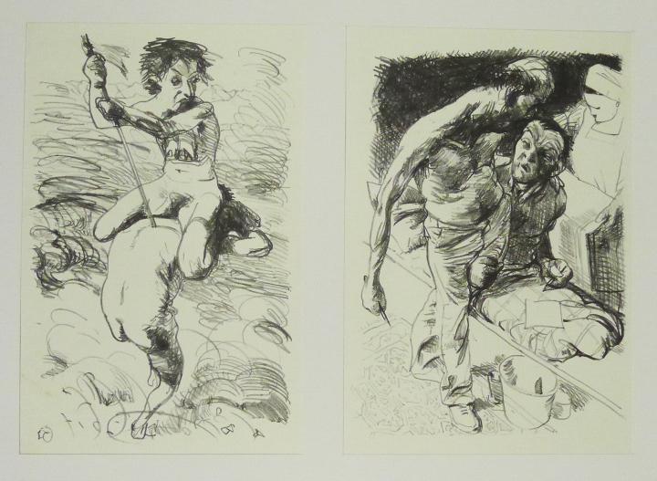 DIE KOSTBARE FRACHT MIT BLOSSEN FÜSSEN DURCH GLÜHENDE KOHLEN TRAGEN,SIE HÄLT DEN KURS (links) & ERST GEDULT,DANN UNGEDULD (rechts) Steinzeichnungen 6 Kathedrale des Künstlers Lithografie Johannes Grützke Holzschnitt Radierung Schabradierung Offsetdruckt Druckgrafik Kaltnadelradierung