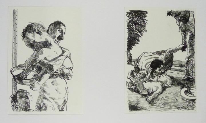 ALLE SIND GESPANNT,OB DER KLEINE NICHTS VERSCHÜTTET (links) & EBEN HATTEST DU EINEN NAMEN GESAGT, BITTE WIEDERHOLEN! (rechts) Steinzeichnungen 9 Kathedrale des Künstlers Lithografie Johannes Grützke Holzschnitt Radierung Schabradierung Offsetdruckt Druckgrafik Kaltnadelradierung