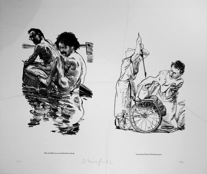 ÜBER DEN FLUSS SETZEN MIT DEN MITTELN DER MUSIK // VERNUNFT UND WESEN IN EINKLANG BRINGEN Steinzeichnungen Fluß Lithografie Johannes Grützke Holzschnitt Radierung Schabradierung Offsetdruckt Druckgrafik Kaltnadelradierung