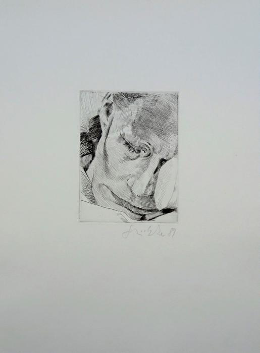 DAS GESICHT MIT DEM BREITEN MUND, SCHLAFEND das Gesicht mit dem breiten Mund Lithografie Johannes Grützke Holzschnitt Radierung Schabradierung Offsetdruck Druckgrafik