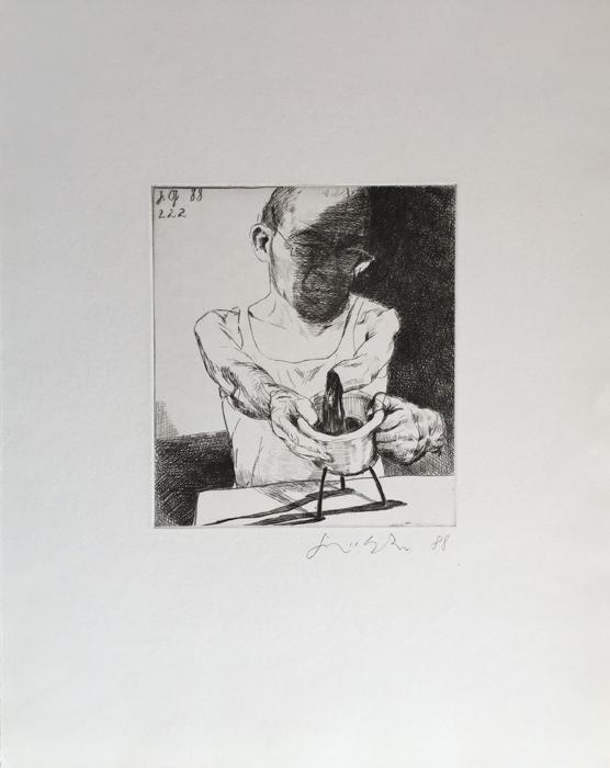 DER GEFÄSSCHIRURG der Gefäßchirurg Lithografie Johannes Grützke Holzschnitt Radierung Schabradierung Offsetdruck Druckgrafik