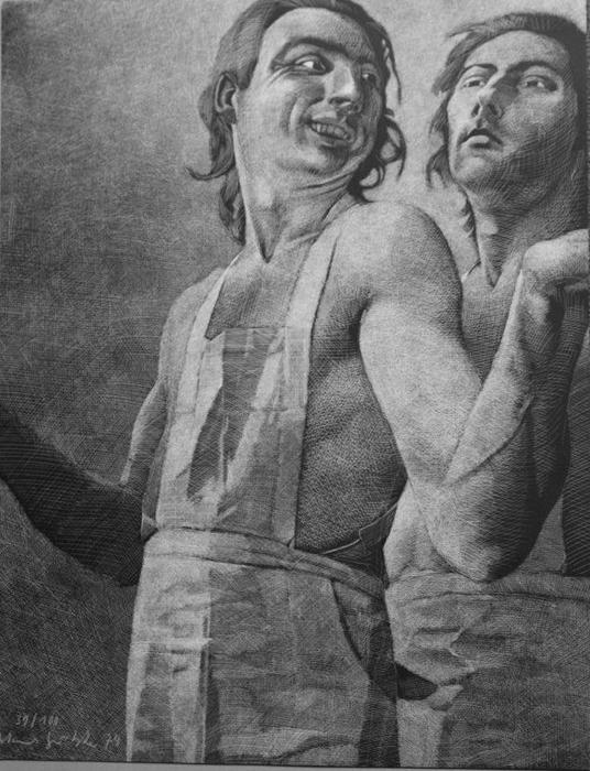 MIT DEN SCHÜRZEN mit den Schürzen Lithografie Johannes Grützke Holzschnitt Radierung Schabradierung Offsetdruck Druckgrafik