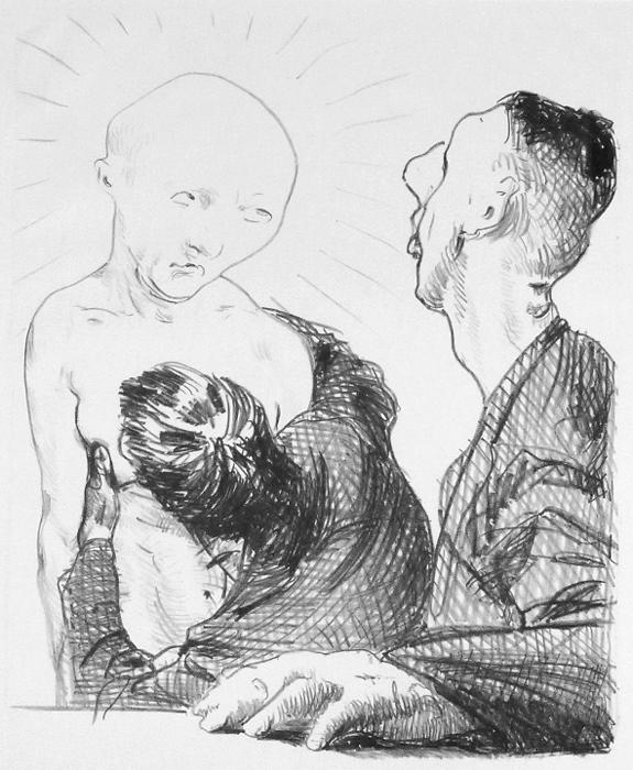 EINER MUSS ZURÜCKSTEHEN pauvre bobo Kathedrale des Künstlers Lithografie Johannes Grützke Holzschnitt Radierung Schabradierung Offsetdruckt Druckgrafik Kaltnadelradierung