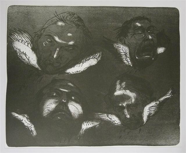 VIER GESICHTER MIT FLÜGELN vier gesichter Kathedrale des Künstlers Lithografie Johannes Grützke Holzschnitt Radierung Schabradierung Offsetdruckt Druckgrafik Kaltnadelradierung