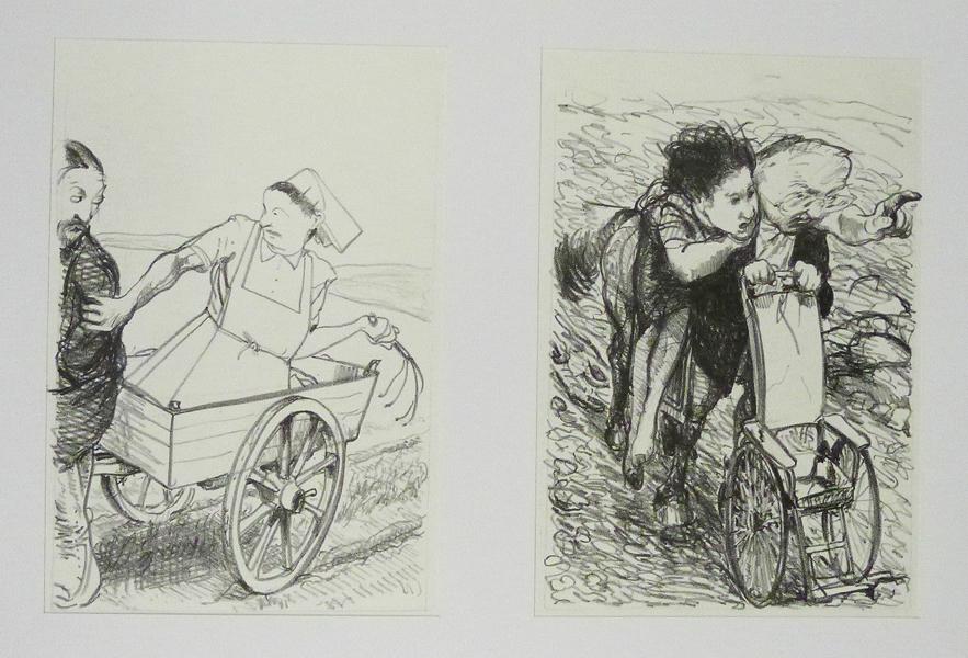 ZIEH,MEIN ENGEL! (links) & MIT ALLEM WAS ER HAT MUSS ER DURCH DIE WÜSTE,EINES TAGES STEHT ER NUTZLOS AN DER KÜSTE vierzig Steinzeichnungen Lithografie Johannes Grützke Holzschnitt Radierung Schabradierung Offsetdruck Druckgrafik