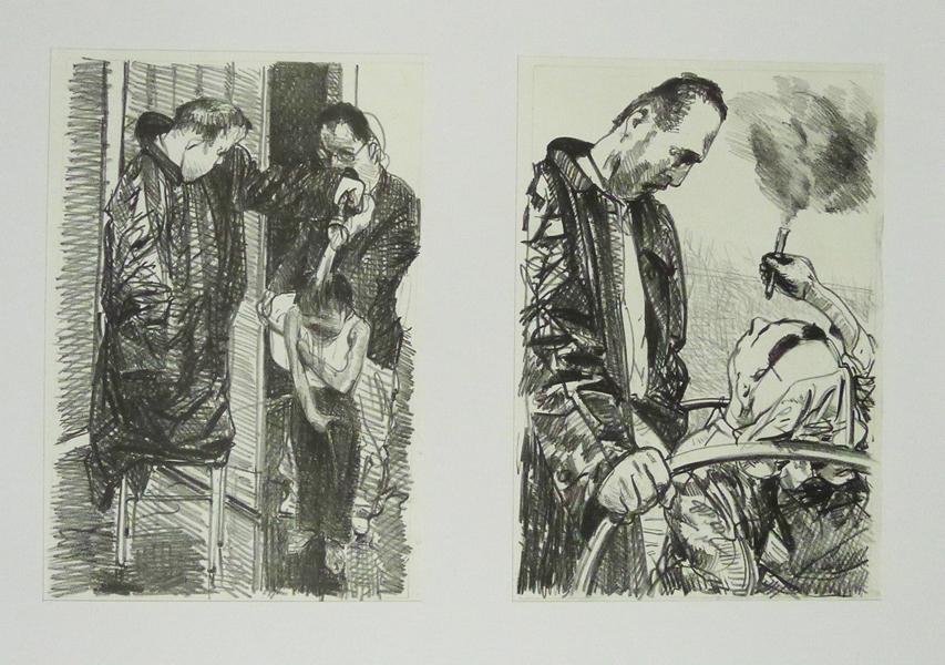 NOTTAUFE IST NÖTIG (links) & DIE REAKTION WILL NICHT ENDEN UND WIRD NICHT LÄNGER GEHEIM BLEIBEN KÖNNEn,LIEBSTER. vierzig Steinzeichnungen Nottaufe Lithografie Johannes Grützke Holzschnitt Radierung Schabradierung Offsetdruck Druckgrafik